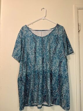 Teal Blue Floral Abstract Print Short Sleeve Tunic Top - Plus Size 2XL